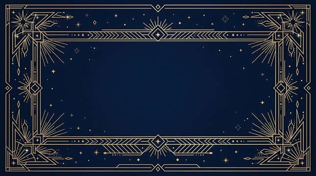 Art deco luxury frame with geometric gold lines and starburst elements on a dark blue background for elegant invitation design