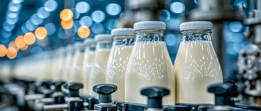 Rows of milk bottles travel on a processing conveyor line with industrial machinery in the background.