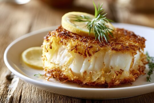 Potato-crusted Chilean seabass plated with lemon and dill on a white plate