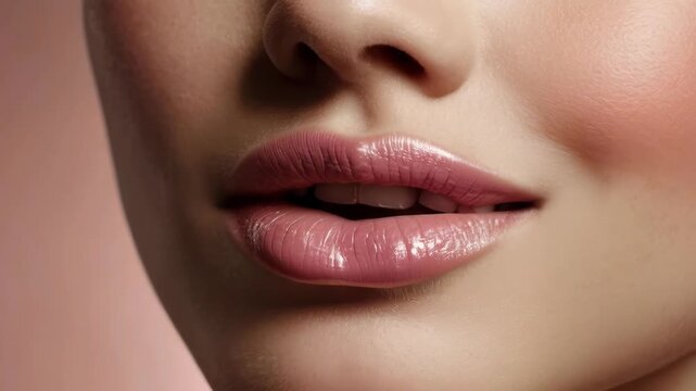 Closeup lip mouth nose skin pink gloss makeup beauty female sensual soft face cosmetic