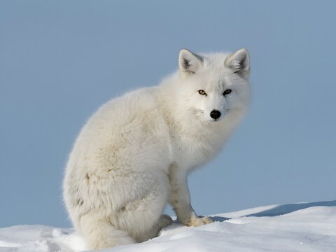 Arctic white fox sitting in pristine snow under clear blue sky winter landscape