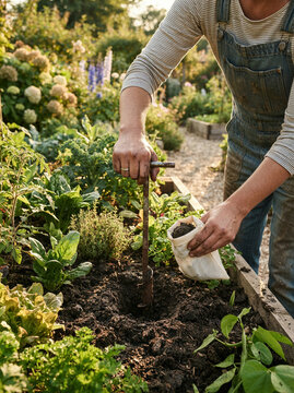 A person working in a garden in a cultivated garden in a detailed closeup