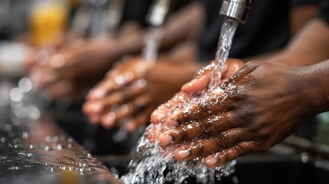 Diverse hands cleanse themselves under running water in a public facility, with a blurred background emphasizing hygiene.