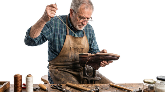 Skilled elderly cobbler carefully stitching brown leather shoe at workbench with authentic traditional tools and apron