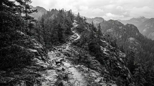 A winding dirt path ascending a steep in a mountain landscape in a monochrome composition