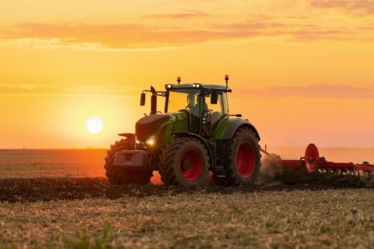 Tractor plowing field during sunset for modern agriculture and rural farm farming