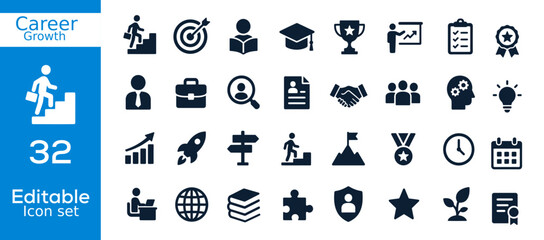 Fototapeta premium Career growth flat icons set with people goals and success symbols on white background