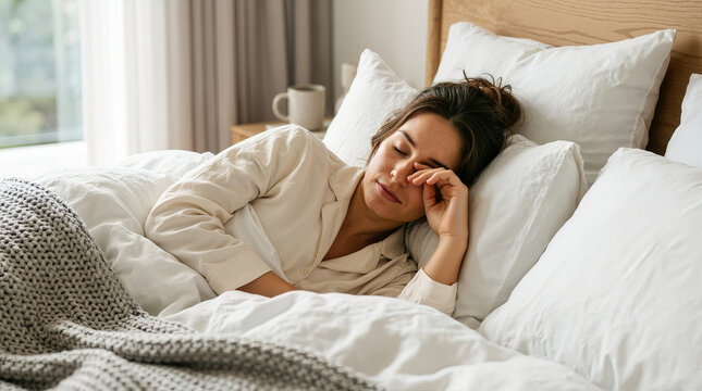 Sleepy young woman rubbing her eye in bed. Tired female waking up in the morning wearing pajamas