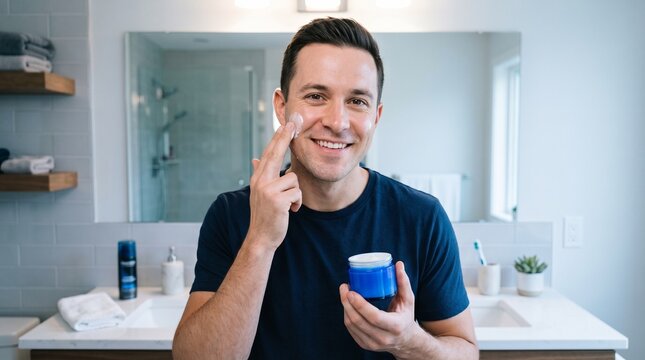 Man applies a dab of white face moisturizer while holding a blue jar in the bathroom.