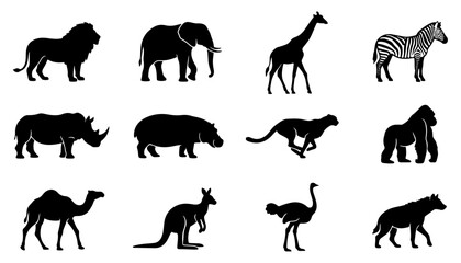 Fototapeta premium Wild Animal Silhouette Vector Set: Lion, Elephant, Giraffe, Striped Zebra, Rhino, Hippo, Cheetah, Gorilla, Camel, Kangaroo, Ostrich, and Hyena Icons for Safari, Travel, and Nature Design