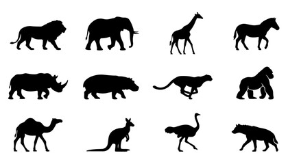 Obraz premium Wild Animal Silhouette Vector Set: Lion, Elephant, Giraffe, Zebra, Rhino, Hippo, Cheetah, Gorilla, Camel, Kangaroo, Ostrich, and Hyena Icons for Safari Travel and Wildlife Design