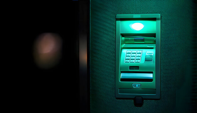 Green glowing ATM machine keypad in the dark