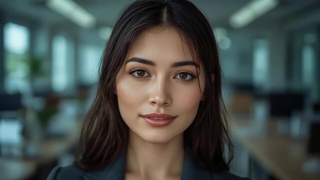 Young woman portrait office background, dark hair, blurred interior, closed eye, neutral expression