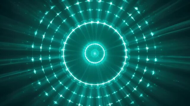 Glowing Turquoise Circular Light Tunnel Abstract Background with Teal Glow and Rays