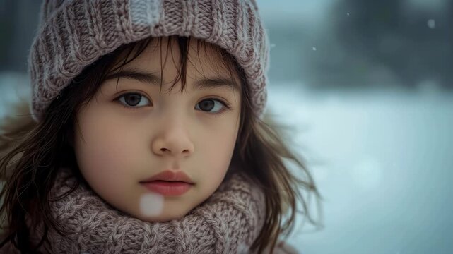 Winter child portrait in knit hat and scarf, snowy cold face, seasonal snow scene