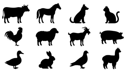 Naklejka premium Farm Animals and Domestic Pets Vector Silhouettes Set Featuring Cow Horse Dog Cat Rooster Sheep Goat Pig Duck Rabbit Pigeon Alpaca Isolated on White Background