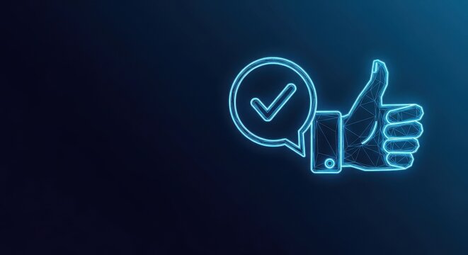 Digital thumbs up icon with checkmark in speech bubble signifying approval and success on dark background