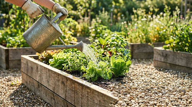 A person wearing gloves is watering plants in a raised garden bed filled with gravel