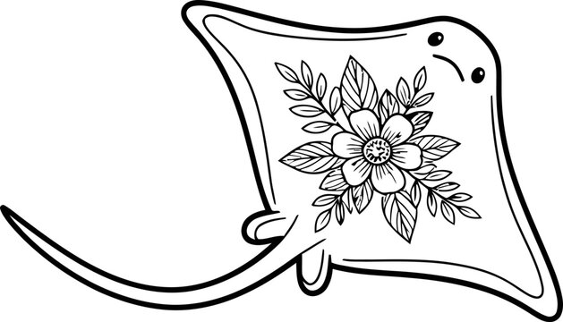 Cute Stingray with Floral Design, Hand-Drawn Vector Illustration