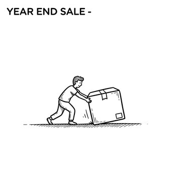 Year End Sale Hand Drawn Sketch of Man Pushing Cardboard Box Illustration