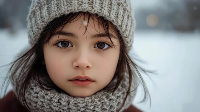 Winter child portrait with closed eye, knitted hat and scarf in snow background