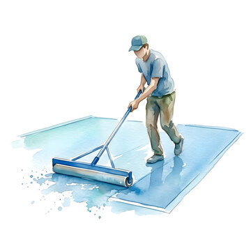 Maintenance worker drying a blue tennis court surface with a large roller squeegee.