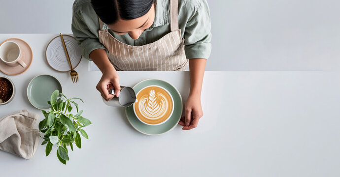 Asian female barista in apron pouring latte art into green ceramic cup on white table with coffee accessories and plant in a modern cafe setting