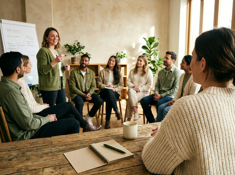Diverse group listening to a woman present ideas on a whiteboard indoors