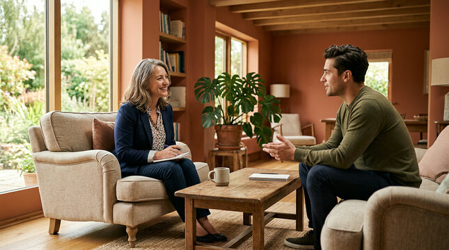 Older woman listens to younger man during friendly armchair conversation