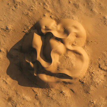 Overhead view of a sculptural orange sand dune with flowing ridges and curves