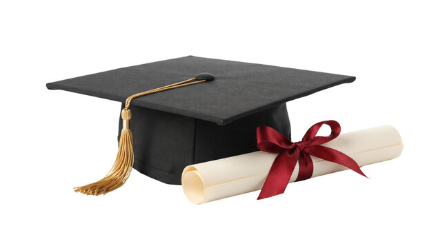 Black graduation cap with golden tassel resting beside rolled diploma tied with dark red ribbon