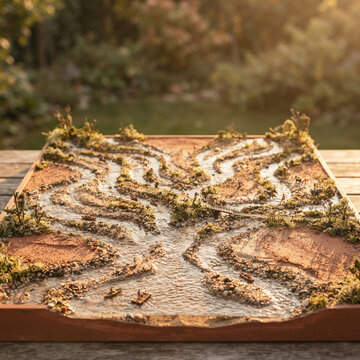 The image depicts a miniature landscape scene within a rectangular wooden frame