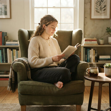 A young woman reads a book while seated in an armchair near a window and bookshelf