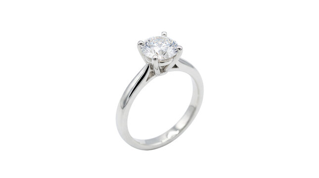 Brilliant round cut diamond engagement ring with shiny silver band isolated on a white background