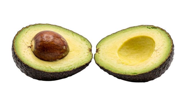Two vibrant green avocado halves displayed prominently against clean white background for culinary creative food photography