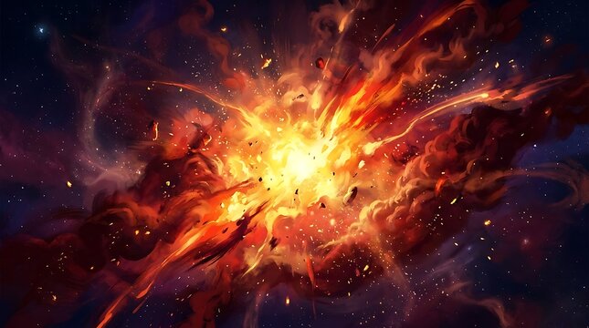 Cosmic explosion in deep space with bright light, fire, and debris, digital art illustration of a supernova or nebula