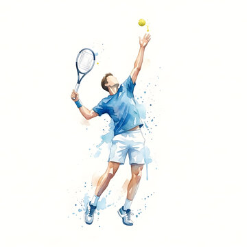 Tennis player reaches upward to hit an overhead serve in soft blue watercolor art.