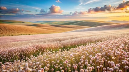 Obraz premium Serene Sunset over Rolling Hills and a Field of Delicate, Fluffy Flowers