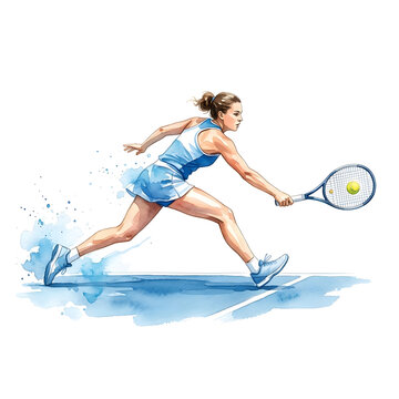 Tennis player lunges across the court to hit a forehand shot in a vibrant watercolor illustration.
