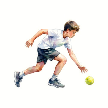 Young boy runs across the court reaching for a yellow tennis ball.