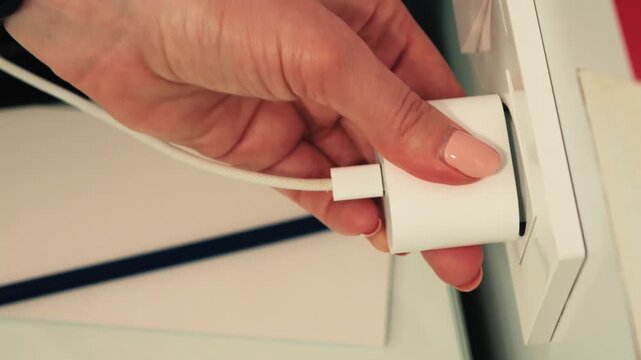 Hand plugging a smartphone charger into a wall electrical outlet. Close-up of connecting a mobile device to a power source for battery charging at home. High quality 4k footage