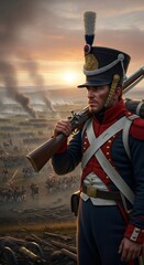 Fototapeta premium Man soldier looking war battle. Historical military uniform and rifle. Concept of armed conflict, a fight, struggle, combat or warfare.