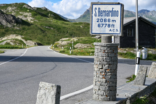 San Bernardino Pass road sign at 2066 metres in the Swiss Alps