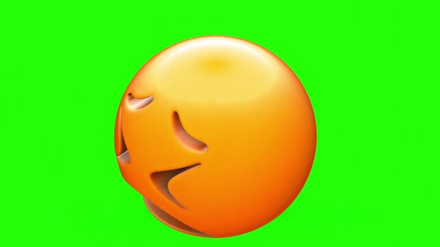3D Glossy Perplexed Emoji Character with Tightly Closed X Eyes, Worried Eyebrows, and Downturned Open Mouth Extruded Out 4k stock animation video on a green screen for chroma key background.