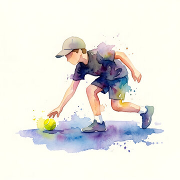 Tennis ball boy reaches down to grab a yellow ball during a tournament match in dynamic watercolor art.