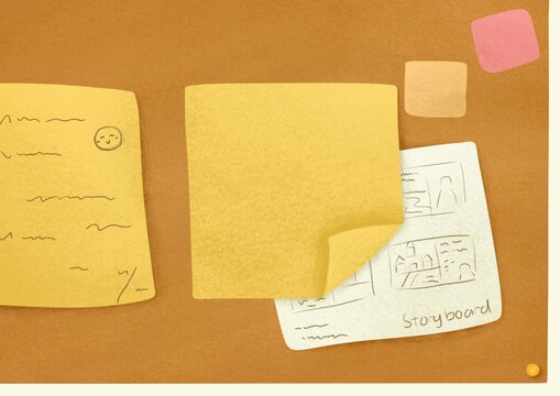 Creative workspace with blank sticky notes, sketches, and handwritten notes on warm textured background.