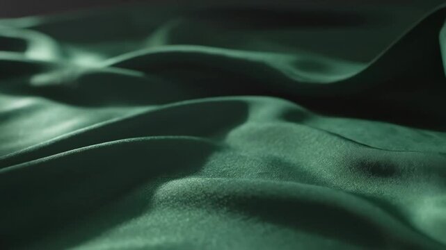 This shows a close-up view of green fabric. The light reflects off the surface, showing the texture and folds. The focus is on the details of the cloth