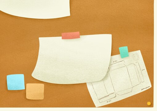 Creative workspace with blank paper, sticky notes, sketches, and handwritten notes on warm textured background.