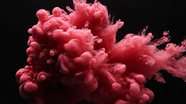 Red ink spreads in dark water, creating a large cloud. The ink moves and shifts, forming different shapes and patterns. Light reflects off the surface
