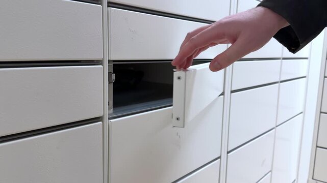 A hand opening a white metal locker compartment to retrieve stored items, capturing the efficient process of using a modern automated parcel pickup station in a professional facility